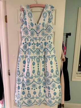White Dress with Teal Embroidery - V-Neck Sleeveless Summer Dress Lillyanne